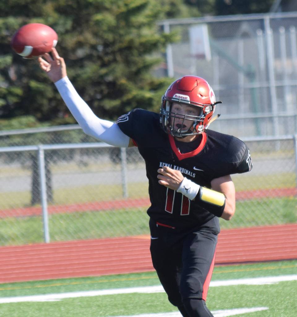 Kenai Central quarterback Kayden Daniels unleashes a throw Saturday, Sept. 14, 2019, against West Valley at Ed Hollier Field in Kenai, Alaska. (Photo by Joey Klecka/Peninsula Clarion)