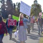 Educators, who are getting ready to strike Tuesday, rally in front of Kenai Central High School, on Monday, Sept. 16, 2019, in Kenai, Alaska. (Photo by Victoria Petersen/Peninsula Clarion)