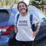 Mary Latham stands by her borrowed blue Subaru Outback on Sept. 16, 2019, in Homer, Alaska. Latham has been touring the United States collecting stories of human kindness to put in a book for people to read in hospital waiting rooms. Alaska is the 48th state Latham has visited since starting her trip in September 2016. (Photo by Michael Armstrong/Homer News)