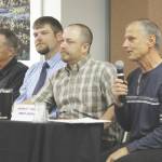 From left, Kenai Peninsula Borough Assembly candidates Joseph Ross, Jesse Bjorkman, Tyson Cox and Brent Johnson speak to members of the Kenai and Soldotna Chambers of Commerce at the Kenai Visitors Center in Kenai, Alaska, on Sept. 18, 2019. (Photo by Brian Mazurek/Peninsula Clarion)