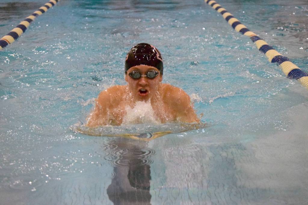 Kenai Centrals Koda Poulin competes in the 50-yard breaststroke on Friday, Sept. 20, 2019, in the 2019 SoHi Pentathlon at Soldotna High School in Soldotna, Alaska. (Photo by Jeff Helminiak/Peninsula Clarion)