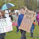 Brian Mazurek / Peninsula Clarion                                Marchers in the Soldotna Climate Strike walk through Soldotna Creek Park toward the Sterling Highway on Friday.