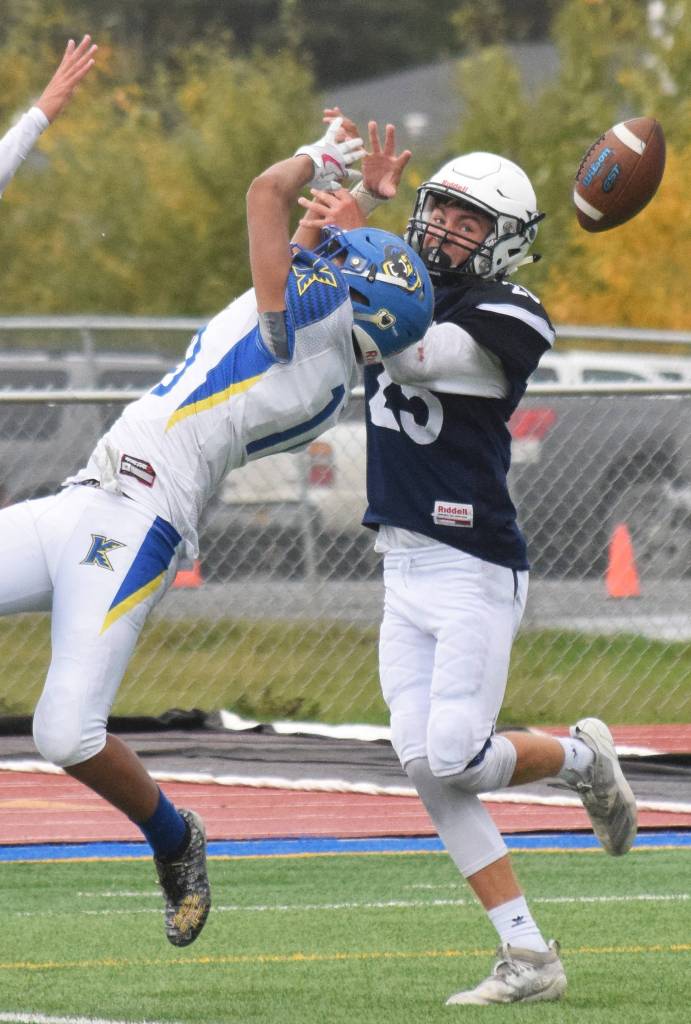 Soldotnas William Simmons knocks down a pass attempt to Kodiaks Justin Doctolero, Saturday, Sept. 21, 2019, at Justin Maile Field in Soldotna, Alaska. (Photo by Joey Klecka/Peninsula Clarion)
