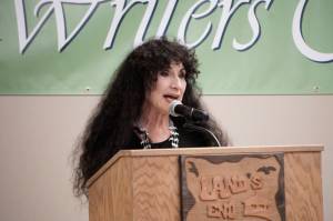 Poet and writer Diane Ackerman delivers the keynote address on June 14, 2019, at the opening of the Kachemak Bay Writers Conference at Lands End Resort, Homer, Alaska. Ackerman spoke about the historical background for her book, The Zookeepers Wife. (Photo by Michael Armstrong/Homer News)