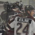 Eagle Rivers Zach Krajnik and teammates celebrate the second-period goal of Michael Spethmann against the Chippewa (Wisconsin) Steel on Friday, Oct. 5, 2018, at the Soldotna Regional Sports Complex. (Photo by Jeff Helminiak/Peninsula Clarion)