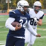Soldotnas Aaron Faletoi breaks away from Eagle River defender Samuel Thompson, Saturday, Sept. 28, 2019, against Eagle River at Justin Maile Field in Soldotna. (Photo by Joey Klecka/Peninsula Clarion)