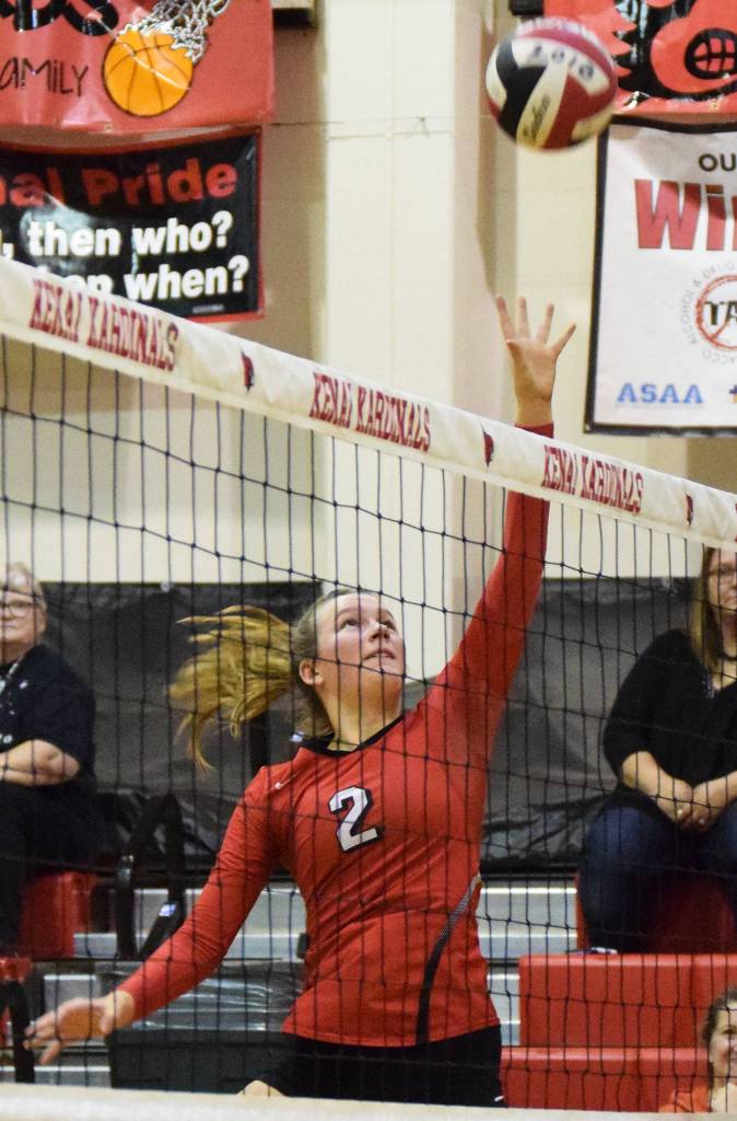 Kenais Bethany Morris (2) tips up a ball Thursday, Oct. 3, 2019, against Seward at Kenai Central High School in Kenai, Alaska. (Photo by Joey Klecka/Peninsula Clarion)