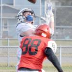 Soldotnas Galen Brantley III catches a touchdown over Kenai Centrals Braedon Pitsch on Saturday, Oct. 5, 2019, at Ed Hollier Field at Kenai Central High School in Kenai, Alaska. (Photo by Jeff Helminiak/Peninsula Clarion)