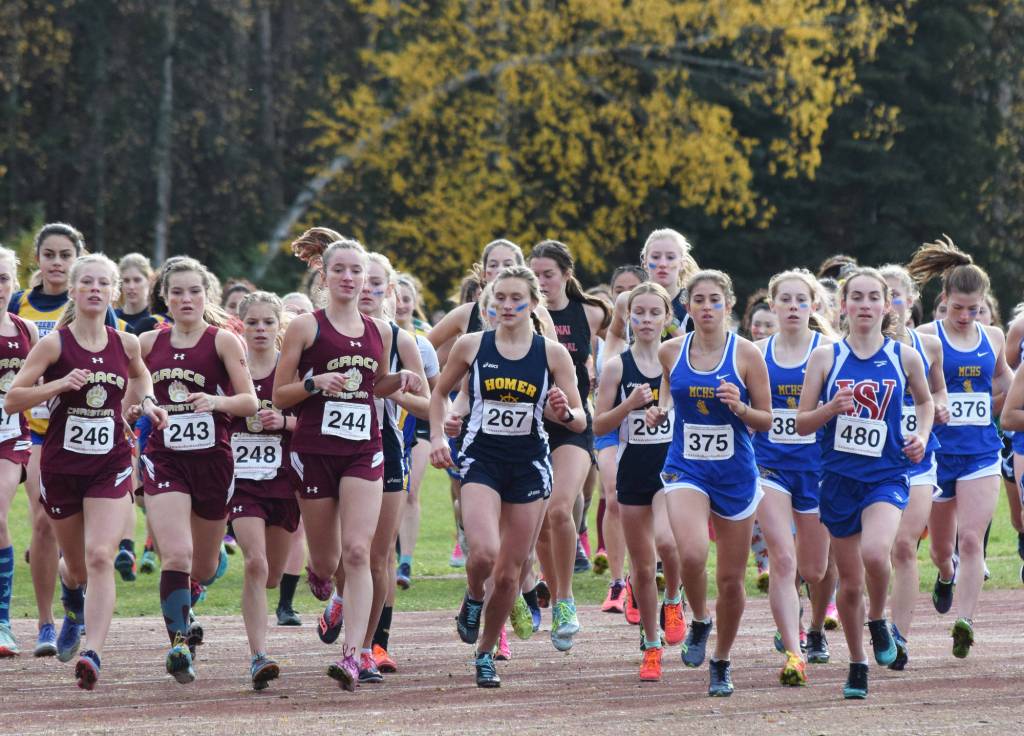 Homers Autumn Daigle (267) leads the field from the start in the Div. II girls state cross-country championships Saturday, Oct. 5, 2019, on the Bartlett High trails in Anchorage, Alaska. (Photo by Joey Klecka/Peninsula Clarion)