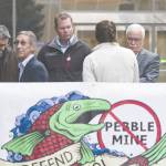 From left, Bristol Bay Reserve Association Board member Mike LaRussa, Bristol Bay Native Association President/CEO Ralph Andersen, Bristol Bay Regional Seafood Development Association Executive Director Andy Wink, United Tribes of Bristol Bay Deputy Director Lindsay Layland, Bristol Bay Economic Development Corporation President and CEO Norm Van Vactor, and Robin Samuelson of Bristol Bay Native Corporation, make statements at the Federal Courthouse in Anchorage, Alaska Tuesday Oct. 8, 2019. Critics of the Pebble Mine planned near headwaters of a major Alaska salmon fishery are suing the U.S. Environmental Protection Agency, saying EPA improperly withdrew proposed restrictions on development in that region. (Marc Lester/Anchorage Daily News via AP)
