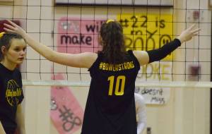 The phrase #Bowerstrong adorns the back of Kenais Abby Every, Tuesday, Oct. 8, 2019, at Kenai Central High School in Kenai, Alaska. (Photo by Joey Klecka/Peninsula Clarion)