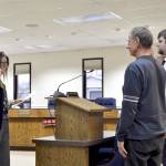 Kenai Peninsula Borough clerk swears in the newly elected assembly members, Tyson Cox, Jesse Bjorkman and Brent Johnson, during Tuesdays Kenai Peninsula Borough Assembly meeting, Tuesday, Oct. 8, 2019, in Soldotna, Alaska. (Photo by Victoria Petersen/Peninsula Clarion)