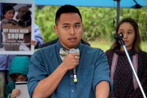 Esau Sinnok of Shishmaref, Alaska, speaks at a news conference after the Alaska Supreme Court heard arguments Wednesday, Oct. 9, 2019, in Anchorage, Alaska, in a lawsuit that claims state policy on fossil fuels is harming the constitutional right of young Alaskans to a safe climate. Sinnok and 15 other Alaska youths in 2017 sued the state, claiming that human-caused greenhouse gas emission leading to climate change is creating long-term, dangerous health effects. They lost in Superior Court, but appealed to Alaskas highest court. (AP Photo/Mark Thiessen)