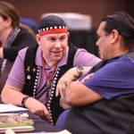 SEITC Chair Rob Sanderson Jr., center, and Reuben George, of the Sacred Trust, Tsleil-Waututh Nation at the Southeast Alaska Indigenous Transboundary Commission meeting at the Lummi Reservation in Ferndale, Wash. (Courtesy photo | Jeff Gibbs)