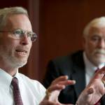 In this Empire file photo, University of Alaska President Jim Johnsen, left, speaks during an interview at the Juneau Empire in April 2016. Attending the interview with Johnsen is University of Alaska Southeast Chancellor Rick Caulfield. (Michael Penn | Juneau Empire File)