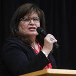 Jackie Pata, President and CEO of the Tlingit-Haida Regional Housing Authority, speaks during Indigenous Peoples Day at the Elizabeth Peratrovich Hall on Monday, Oct. 14, 2019. (Michael Penn | Juneau Empire)