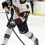 Kenai River Brown Bears forward Porter Schachle takes a shot against the Janesville (Wisconsin) Jets on Sunday, Oct. 13, 2019, at the Soldotna Regional Sports Complex in Soldotna, Alaska. (Photo by Jeff Helminiak/Peninsula Clarion)