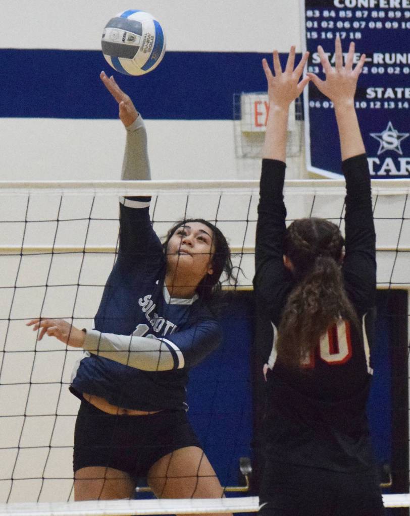 Soldotnas Ituau Tuisaula unleashes a shot on the Kenai Central defense Friday, Oct. 18, 2019, at Soldotna High School in Soldotna, Alaska. (Photo by Joey Klecka/Peninsula Clarion)