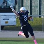 Soldotnas Galen Brantley III celebrates after scoring a touchdown on an interception return Saturday, Oct. 19, 2019, against Lathrop at the Div. II state football championship at Anchorage Football Stadium in Anchorage, Alaska. (Photo by Joey Klecka/Peninsula Clarion)