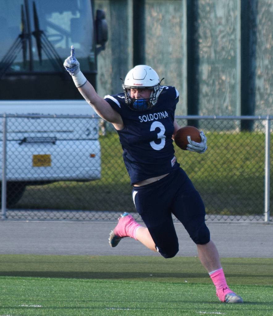 Soldotnas Galen Brantley III celebrates after scoring a touchdown on an interception return Saturday, Oct. 19, 2019, against Lathrop at the Div. II state football championship at Anchorage Football Stadium in Anchorage, Alaska. (Photo by Joey Klecka/Peninsula Clarion)