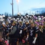 The Soldotna football team celebrates the victory over Lathrop, Saturday, Oct. 19, 2019, at the Div. II state football championship at Anchorage Football Stadium in Anchorage, Alaska. (Photo by Joey Klecka/Peninsula Clarion)