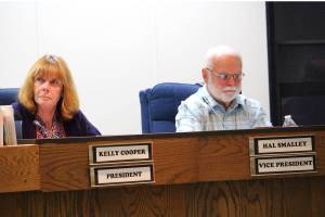 Brian Mazurek / Peninsula Clarion                                Kenai Peninsula Borough Assembly President Kelly Cooper and Vice President Hal Smalley attend the assembly meeting Tuesday in Soldotna.