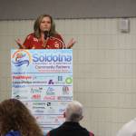 Brian Mazurek / Peninsula Clarion                                LeeShore Center Executive Director Cheri Smith speaks to members of the Kenai and Soldotna Chambers of Commerce at the Soldotna Regional Sports Complex on Wednesday.