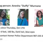 A missing person poster for Anesha Duffy Murnane put out on Oct. 20, 2019, by Homer Police in Homer, Alaska. (Image provided)