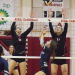 Brooke Ashley and Erin Koziczkowski team up for a block on Soldotnas Sierra Kuntz Thursday, Oct. 31, 2019, at Kenai Central High School in Kenai, Alaska. (Photo by Joey Klecka/Peninsula Clarion)