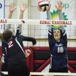 Soldotnas Trayce Lyon puts up a block on Kenai hitter Bethany Morris Thursday, Oct. 31, 2019, at Kenai Central High School in Kenai, Alaska. (Photo by Joey Klecka/Peninsula Clarion)