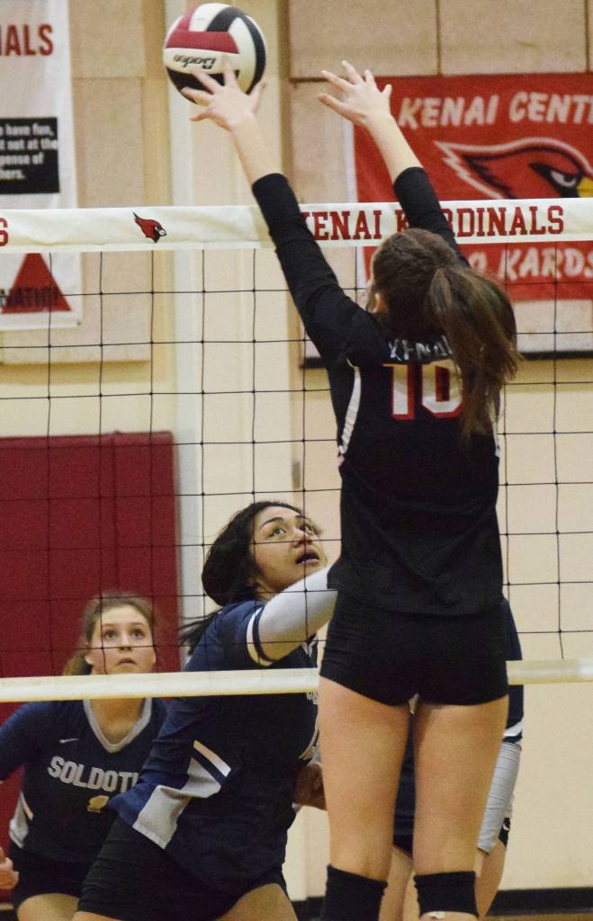 Soldotnas Ituau Tuisaula sends up a shot against Kenais Abby Every Thursday, Oct. 31, 2019, at Kenai Central High School in Kenai, Alaska. (Photo by Joey Klecka/Peninsula Clarion)