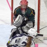 Soldotnas Journey Miller scores on Delta Junction goalie Greg Hanson on Friday, Nov. 1, 2019, at the Soldotna Regional Sports Complex in Soldotna, Alaska. (Photo by Jeff Helminiak/Peninsula Clarion)