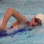 Soldotnas Madelyn Barkman competes in the girls 100-yard freestyle race Saturday, Nov. 2, 2019, at the Northern Lights Conference swimming and diving championships at Kenai Central High School. (Photo by Joey Klecka/Peninsula Clarion)