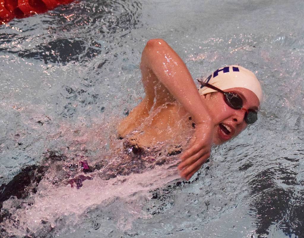 Soldotnas Alex Juliussen races in the girls 200-yard freestyle final Saturday, Nov. 2, 2019, at the Northern Lights Conference swimming and diving championships at Kenai Central High School. (Photo by Joey Klecka/Peninsula Clarion)