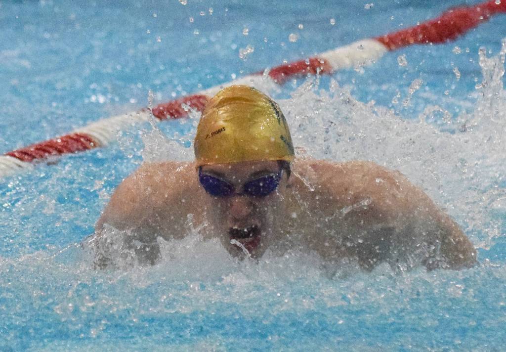Sewards Connor Spanos races in the boys 100-yard butterfly final Saturday, Nov. 2, 2019, at the Northern Lights Conference swimming and diving championships at Kenai Central High School. (Photo by Joey Klecka/Peninsula Clarion)