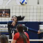 Soldotnas Ituau Tuisaula sends a shot over the net Thursday, Nov. 7, 2019, against Wasilla at the Northern Lights Conference tournament at Soldotna High School in Soldotna, Alaska. (Photo by Joey Klecka/Peninsula Clarion)