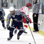 Soldotnas Alex Montague skates the puck up the left wing during a 4-2 loss to Wasilla Friday, Nov. 8, 2019, at the MTA Events Center in Palmer. (Photo by Jeremiah Bartz/Mat-Su Frontiersman)