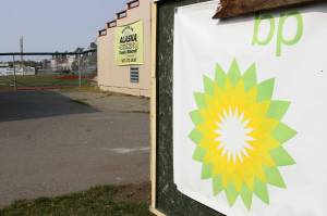 A BP sponsorship sign is shown at Mulcahy Stadium in Anchorage, Alaska, Wednesday, Aug. 28, 2019. BP announced plans Aug. 27, 2019, to sell its Alaska assets to Hilcorp, and its plan to pull out of Alaska could leave a big hole for nonprofits and other programs that benefited from the oil giants donations and its employee volunteers. (AP Photo/Mark Thiessen)