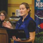 Marine scientist Molly Zaleski gives public comment during a hearing held by NOAA on proposed whale habitats being created in the coastal waters of the West Coast at University of Alaska Southeast on Thursday. (Michael S. Lockett | Juneau Empire)