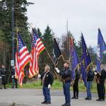 Members of the Veterans of Foreign Wars, Anchor Point Post, the American Legion Post 16 and the Sons of the American Legion Post 16 participate in Veterans Day ceremonies on Nov. 11, 2019, at the Alaska Islands and Ocean Visitor Center. (Photo by Michael Armstrong / Homer News)