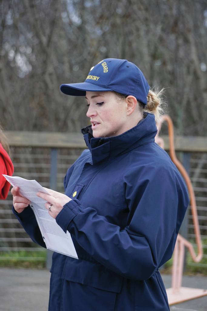 Lt. Cmdr. Jeanette Greene, captain of the U.S. Coast Guard Cutter Hickory, presents part of a Veterans Day ceremony on Nov. 11, 2019, at the Veterans Memorial at the Alaska Islands and Ocean Visitor Center in Homer, Alaska. (Photo by Michael Armstrong/Homer News0