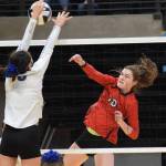 Kenais Abby Every sends a ball over the net Thursday, Nov. 14, 2019, against Barrow at the Class 3A state volleyball tournament at the Alaska Airlines Center in Anchorage, Alaska. (Photo by Joey Klecka/Peninsula Clarion)