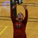 Kenais Kaylee Lauritsen sets up a shot Thursday, Nov. 14, 2019, against Barrow at the Class 3A state volleyball tournament at the Alaska Airlines Center in Anchorage, Alaska. (Photo by Joey Klecka/Peninsula Clarion)