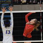 Kenais Jaiden Streiff jumps for a ball Thursday, Nov. 14, 2019, against Barrow at the Class 3A state volleyball tournament at the Alaska Airlines Center in Anchorage, Alaska. (Photo by Joey Klecka/Peninsula Clarion)