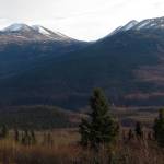 The crescent-shaped Surprise Creek drainage begins between the snow-tinged Russian (left) and Bear mountains and empties into the Kenai River canyon near the bottom center of this image. (Photo by Clark Fair)