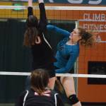 Nikiskis Kaycee Bostic sends a shot over the net Friday, Nov. 15, 2019, against Kenai Central at the Class 3A state volleyball tournament at the Alaska Airlines Center in Anchorage, Alaska. (Photo by Joey Klecka/Peninsula Clarion)