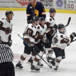 Peter Morgan of the Kenai River Brown Bears celebrates his goal with teammates Ryan Reid, Porter Schachle, Cody Moline and Dylan Hadfield on Friday, Nov. 15, 2019, against the Springfield (Illinois) Jr. Blues at the Soldotna Regional Sports Complex in Soldotna, Alaska. (Photo by Jeff Helminiak/Peninsula Clarion)