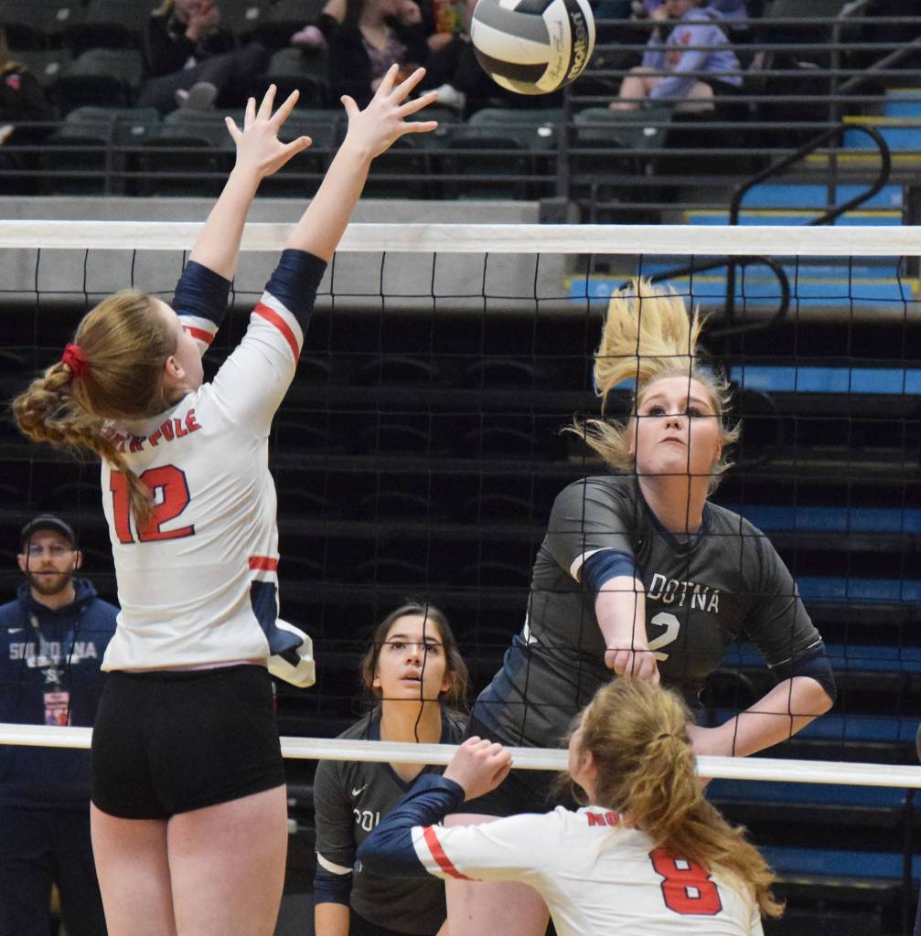 Soldotnas Bailey Armstrong puts up a shot against North Pole, Friday, Nov. 15, 2019, at the Class 4A state volleyball tournament at the Alaska Airlines Center in Anchorage, Alaska. (Photo by Joey Klecka/Peninsula Clarion)