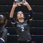 Soldotna junior Sierra Kuntz sets up a shot against Bartlett, Friday, Nov. 15, 2019, at the Class 4A state volleyball tournament at the Alaska Airlines Center in Anchorage, Alaska. (Photo by Joey Klecka/Peninsula Clarion)