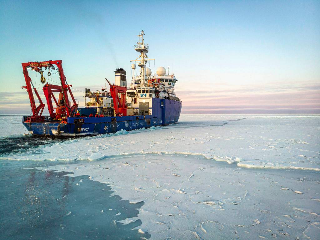 In this Nov. 14, 2019 photo provided by John Guillote and taken from an aerial drone shows the research vessel Sikuliaq as it makes its way through thin sea ice in the Beaufort Sea off Alaskas north coast. University of Washington scientists onboard the research vessel are studying the changes and how less sea ice will affect coastlines, which already are vulnerable to erosion because increased waves delivered by storms. More erosion would increase the chance of winter flooding in villages and danger to hunters in small boats. (John Guillote via AP)